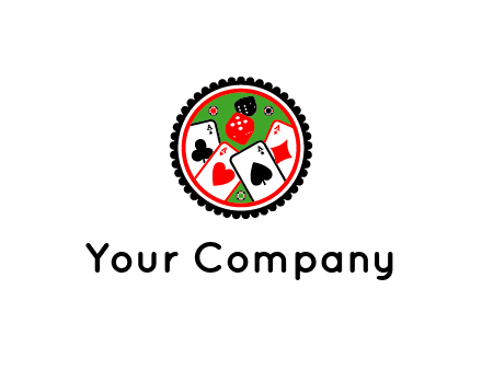 aces of cards, poker or casino chips and dice inside circular gambling logo