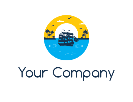 sun and palm trees behind ship in circle