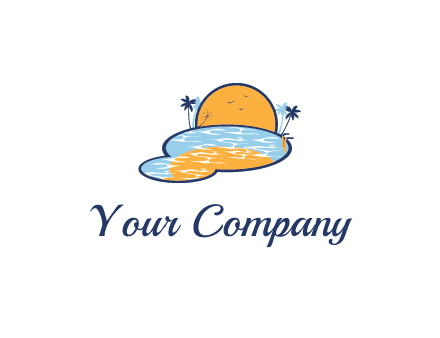 sun behind swimming pool and palm trees