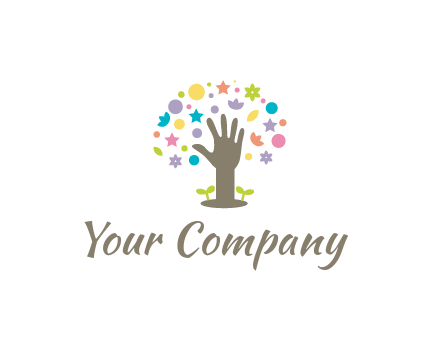 hand with small plants and colorful shapes