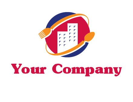 fork spoon and building in circle logo